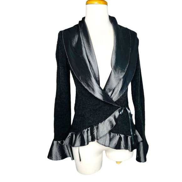 Francesco Sweaters - FRANCESCO ITALY Wrap Sweater Vintage 90s Scalloped Satin Hem Wool Blend
